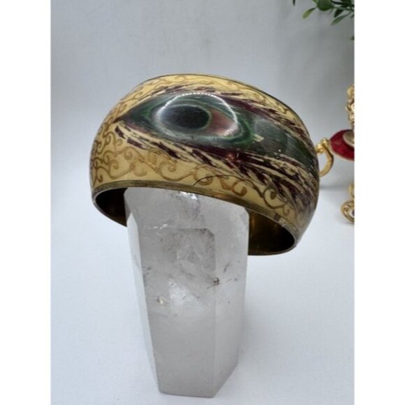 8” Hand Painted Silver on Ivory Brass Chunky Bangle Bracelet Peacock Feather - Picture 12 of 12